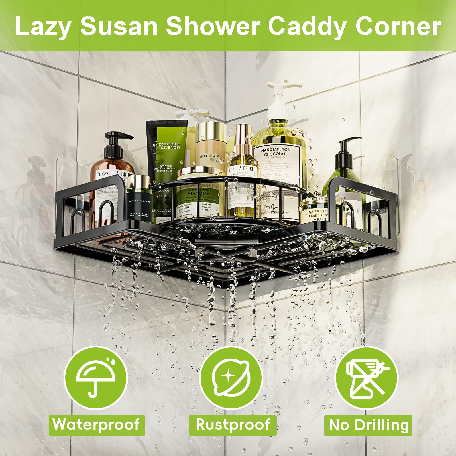 Lincordor Rotating Shower Caddy Corner, Stainless Steel Lazy Susan Turntable Shower Corner Shelf, Rustproof Spinning Bathroom Shower Organizer