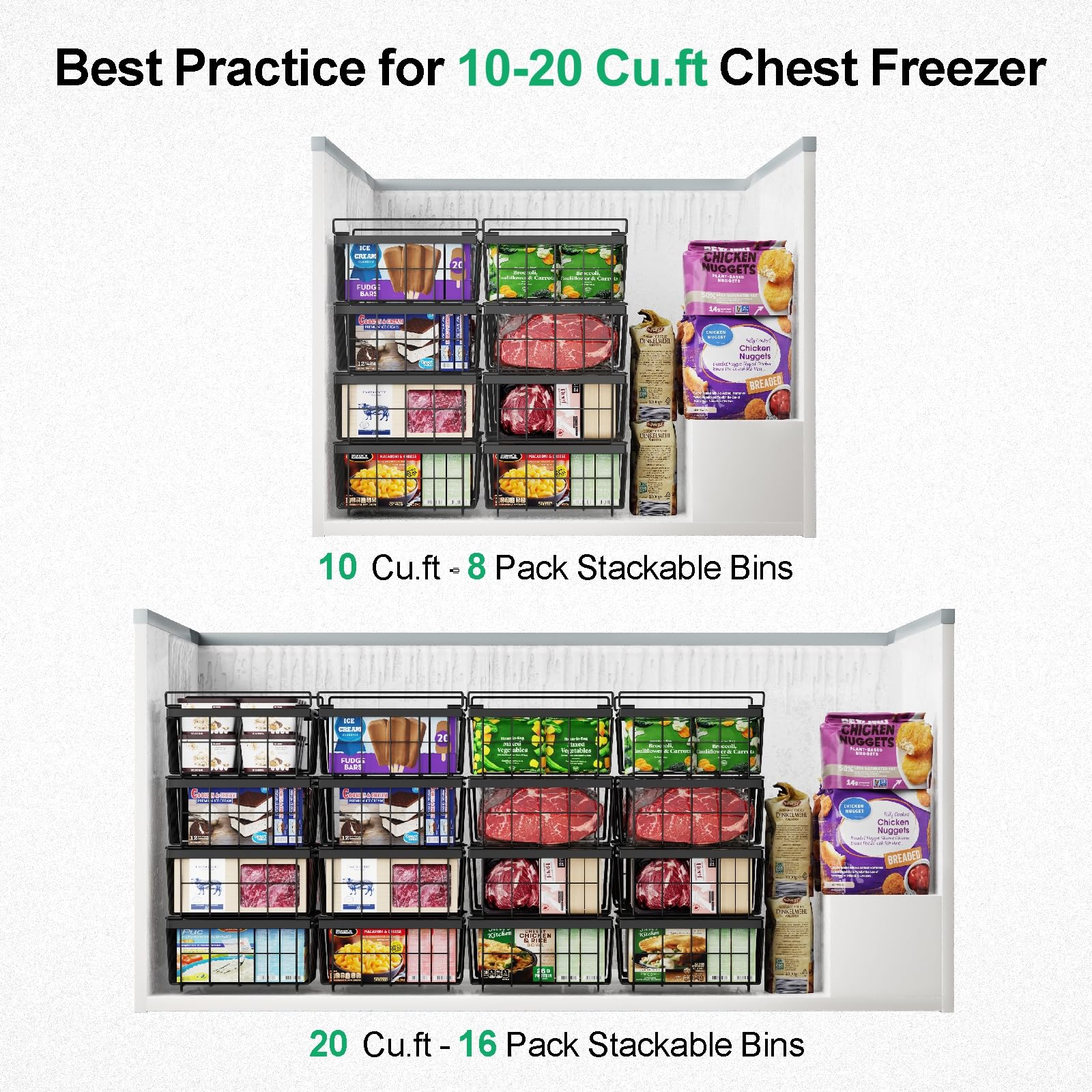 iSPECLE Freezer Organizer Bins - Fit 10 to 20 Cu.FT Chest Freezer, 2 Pack Large Expandable Stackable Deep Freezer Organizer Bins Sort and Easily Get Food with Handle, Improve Air Circulation, Black