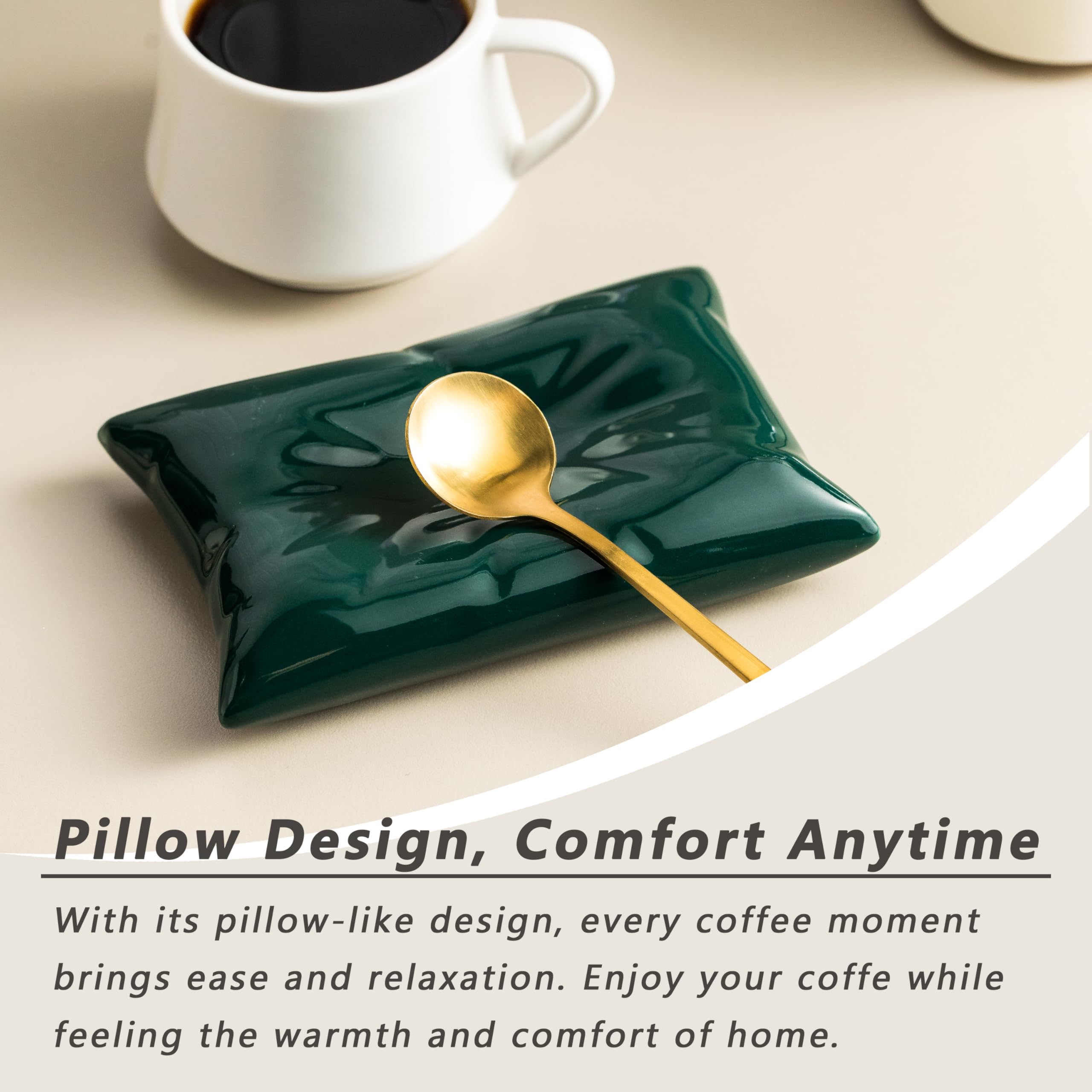 Cormomu Coffee Spoon Rest with Spoon, Ceramic Coffee Holder for Stirring Spoon, Teaspoon, Mini Porcelain Coffee Bar Accessories, Pillow Shape Small Spoon Rest, Green + Gold Spoon