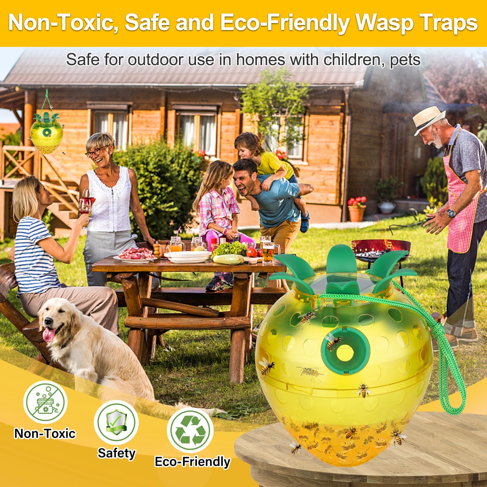 Wasp Traps Outdoor Hanging, Yellow Jacket Wasp Catcher for Trapping Hornet, Non-Toxic Reusable Wasp Catcher for Outdoors Trapping Wasp, Wasp Trap Solar Power Outdoor with LED Light, 2PC-Yellow