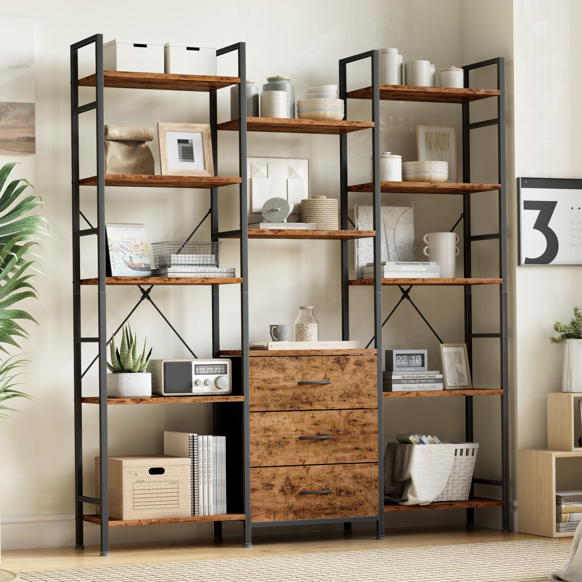 YAOHUOO Triple Bookshelf with 3 Fabric Drawers, 5 Tier Wide Bookcase with Open Display Shelves, Tall Bookshelf with Storage for Home Office & Bedroom, Rustic Brown