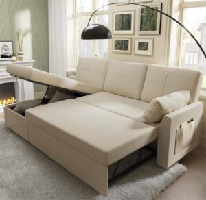 amerlife sofa bed, 2 in 1 pull out sleeper sofa with storage chaise, comfy sofa sleeper with pull out bed for living room, beige chenille