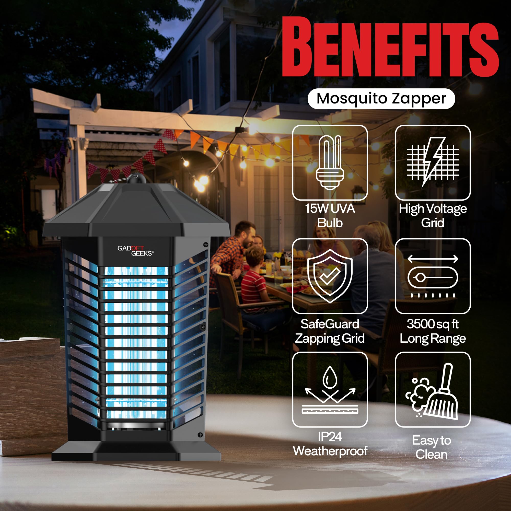 Gadget Geeks Mosquito Bug Zapper Outdoor & Indoor Electric, Mosquito Zapper, Fly Zapper Trap, Mosquito Killer with On Off Switch & 15W Replaceable UVA Bulb, 3500sq ft Large Range