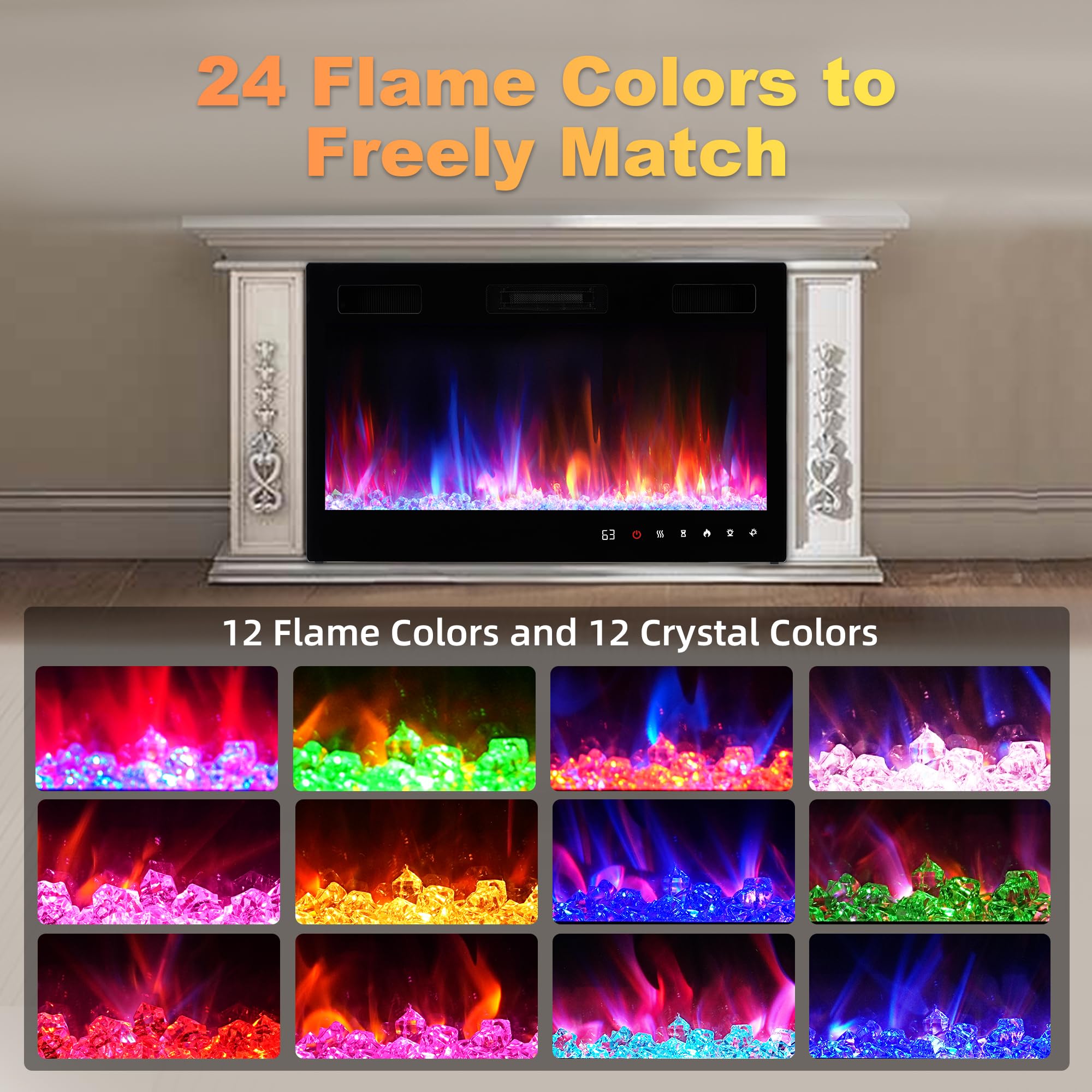 Electric Fireplace Insert 30" Realsmart 1500W Wall Mounted Electric Fireplaces with Recessed Heaters, Remote Control, Slim Black Fireplace Screen, Timer, 12 Flame Colors LED Decor, Low Noise