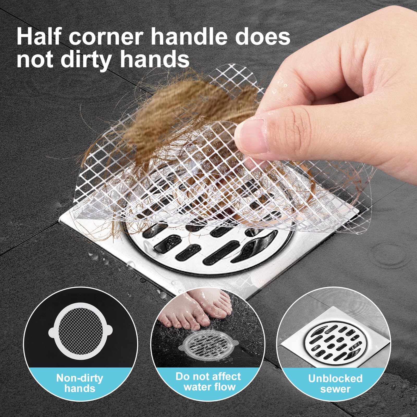 30PCS Disposable Shower Drain Cover Hair Catcher Mesh Stickers Environmentally Friendly Degradable Floor Drain Sticker Effective Capture Human and pet Hair for Bathroom, Laundry, Bathtub, Kitchen,Sink