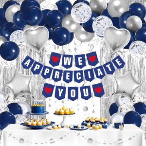 we appreciate you decorations navy blue silver thank you banner balloons foil fringe curtains backdrop hanging swirls streamer thanks party for employee teacher doctor appreciation party gifts decor