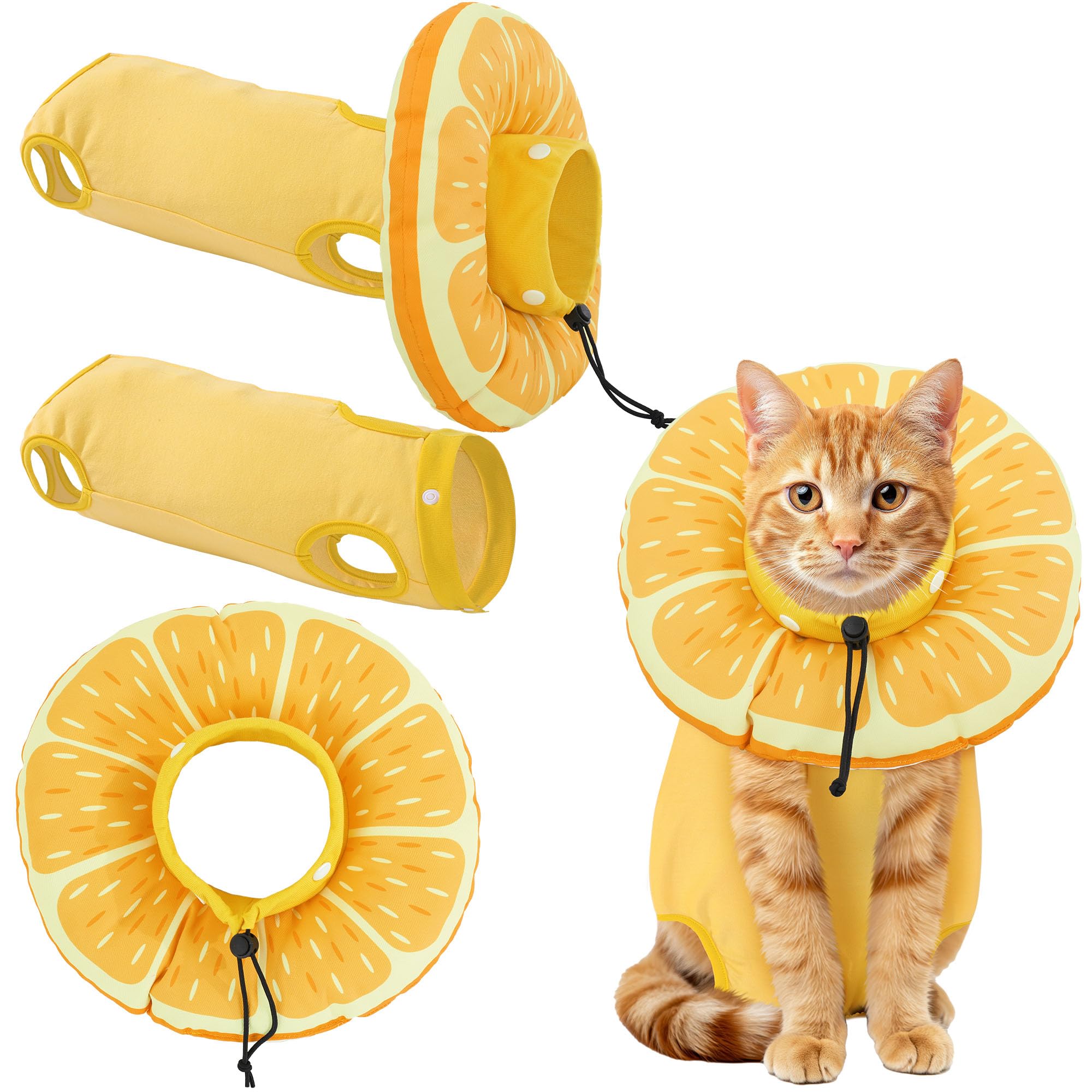 MABOZOO 2-in-1 Cat Surgical Suit, 2 Cat Recovery Suit & Cat Cone Collar for Cats After Surgery, Cute Kitten Surgical Full Bodysuit Cat Recovery Collar for Cats Dogs 4-8lb(Yellow)