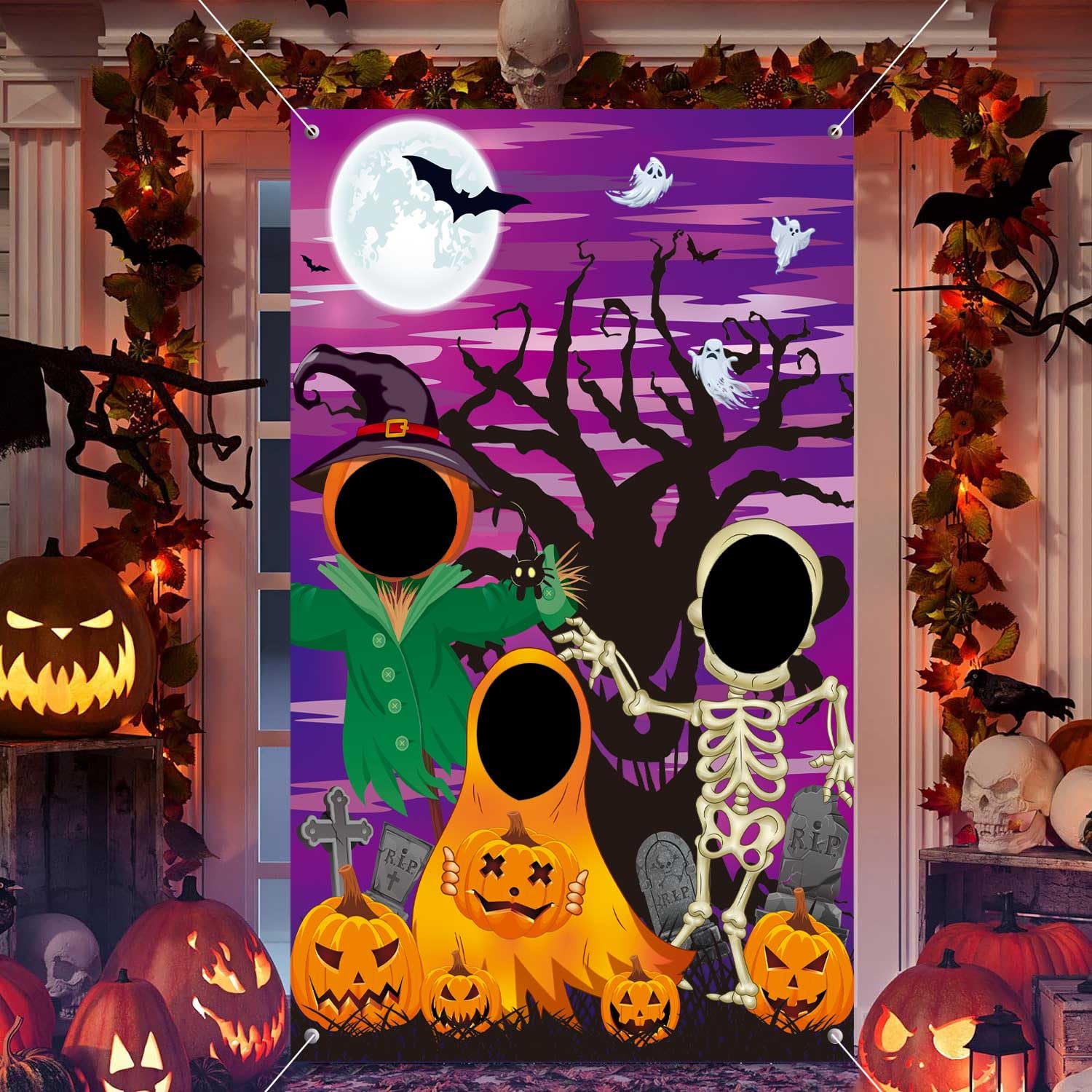 Halloween Door Decorations Backdrop Halloween Photo Door Banner Pumpkin Head Scarecrow Ghosts Skeletons Hole in Face Party Prop Halloween Photography Background Halloween Theme Party Supplies