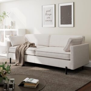 MULEJYBO 79" Comfy Sofa with 2 Pillow, Modern 3 Seater Linen Sofa Couch, Solid Wood Frame & Metal Legs, Perfect for Living Room, Bedroom, for Small Space, Sturdy & Durable, Easy Assembly, Beige