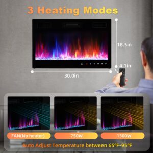 Electric Fireplace Insert 30" Realsmart 1500W Wall Mounted Electric Fireplaces with Recessed Heaters, Remote Control, Slim Black Fireplace Screen, Timer, 12 Flame Colors LED Decor, Low Noise