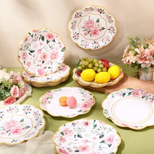 48 Pcs Floral Paper Plates 9 Inch Flower Disposable Party Plates Pink Floral Dinner Plates Wedding Gold Foil Edge Plate Tea Party Decoration for Bridal Shower Baby Shower Birthday