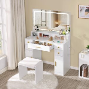 ANWBROAD Vanity Desk Set with Large LED Lighted Mirror Power Outlet Makeup Vanity Table 3 Color Lighting Modes Dressing Table with 5 Drawers and 2 Cabinets Cushioned Stool for Bedroom, White UBDT57W