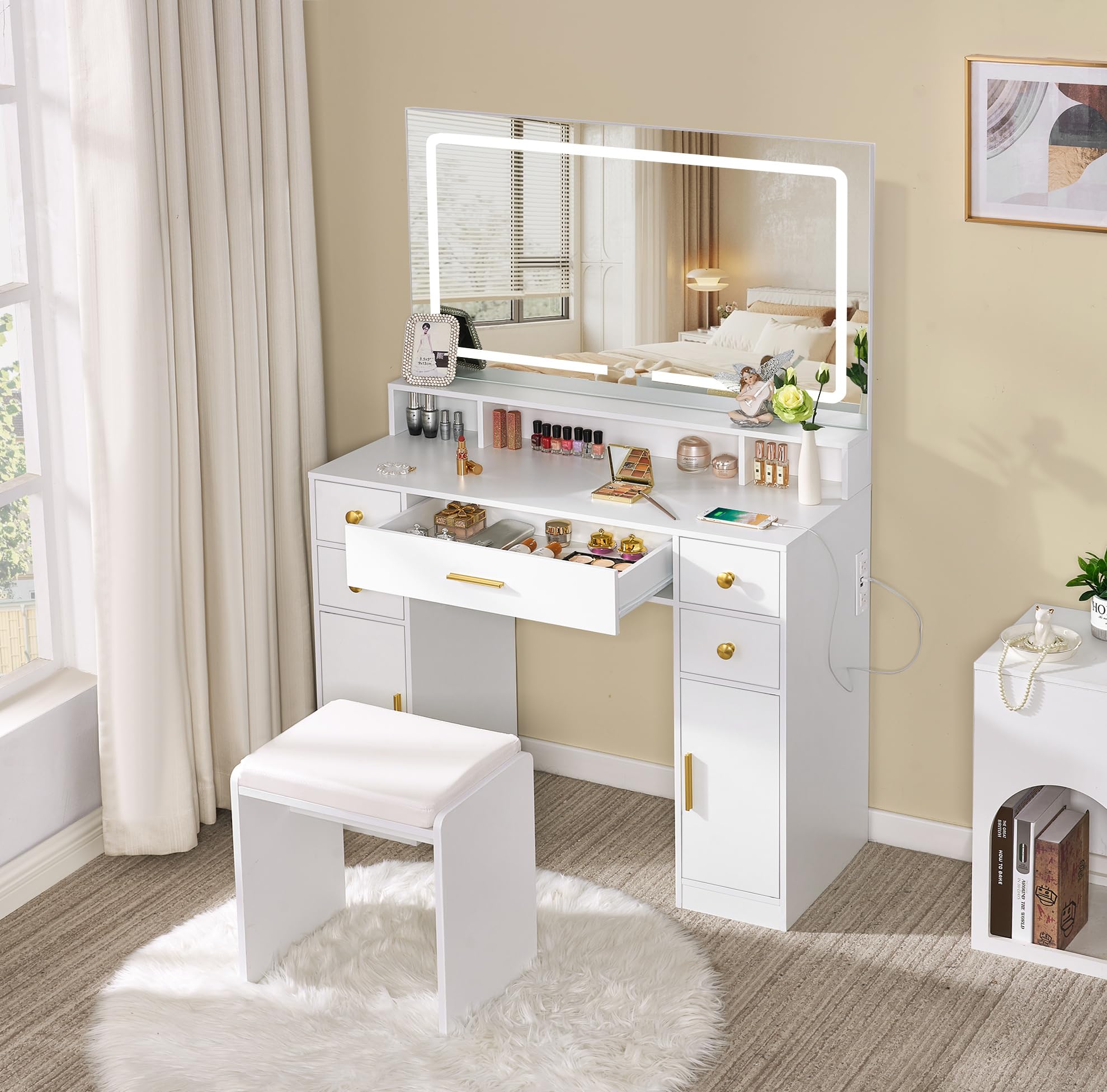 ANWBROAD Vanity Desk Set with Large LED Lighted Mirror Power Outlet Makeup Vanity Table 3 Color Lighting Modes Dressing Table with 5 Drawers and 2 Cabinets Cushioned Stool for Bedroom, White UBDT57W