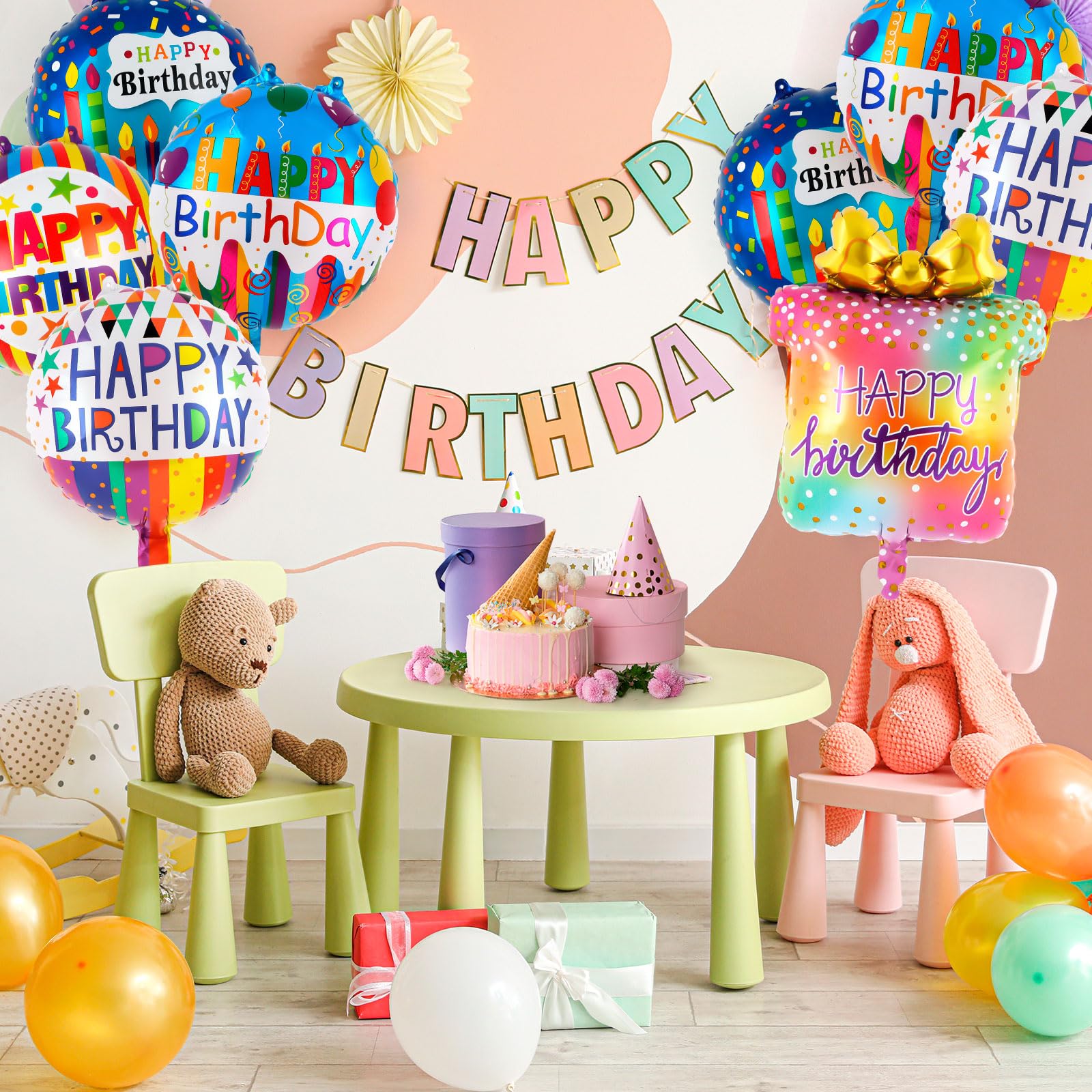 9 Pcs Happy Birthday Balloons, Round Foil Birthday Balloon Birthday Party Decorations, Large Birthday Mylar Balloon Birthday Gift Box Balloons for Kids Birthday Baby Shower Decorations