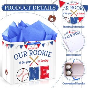 Large Baseball 1st Birthday Gift Bags with Card Tissue Paper 1st Birthday Gift Wrapping Bags Rookie of The Year Baseball First One Year Old Birthday Decorations Boys Girls Christmas Baby Shower Sport Party Supplies