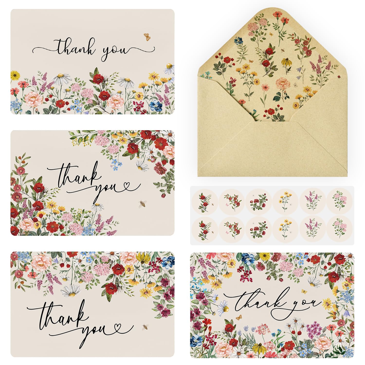 Artoid Mode 36 Pack Vintage Wildflower Thank You Cards Flower Greeting Cards Gift With Envelope Sticker Blank Note Cards for Birthday Wedding Baby Shower Bridal Shower, 4 x 6 Inch