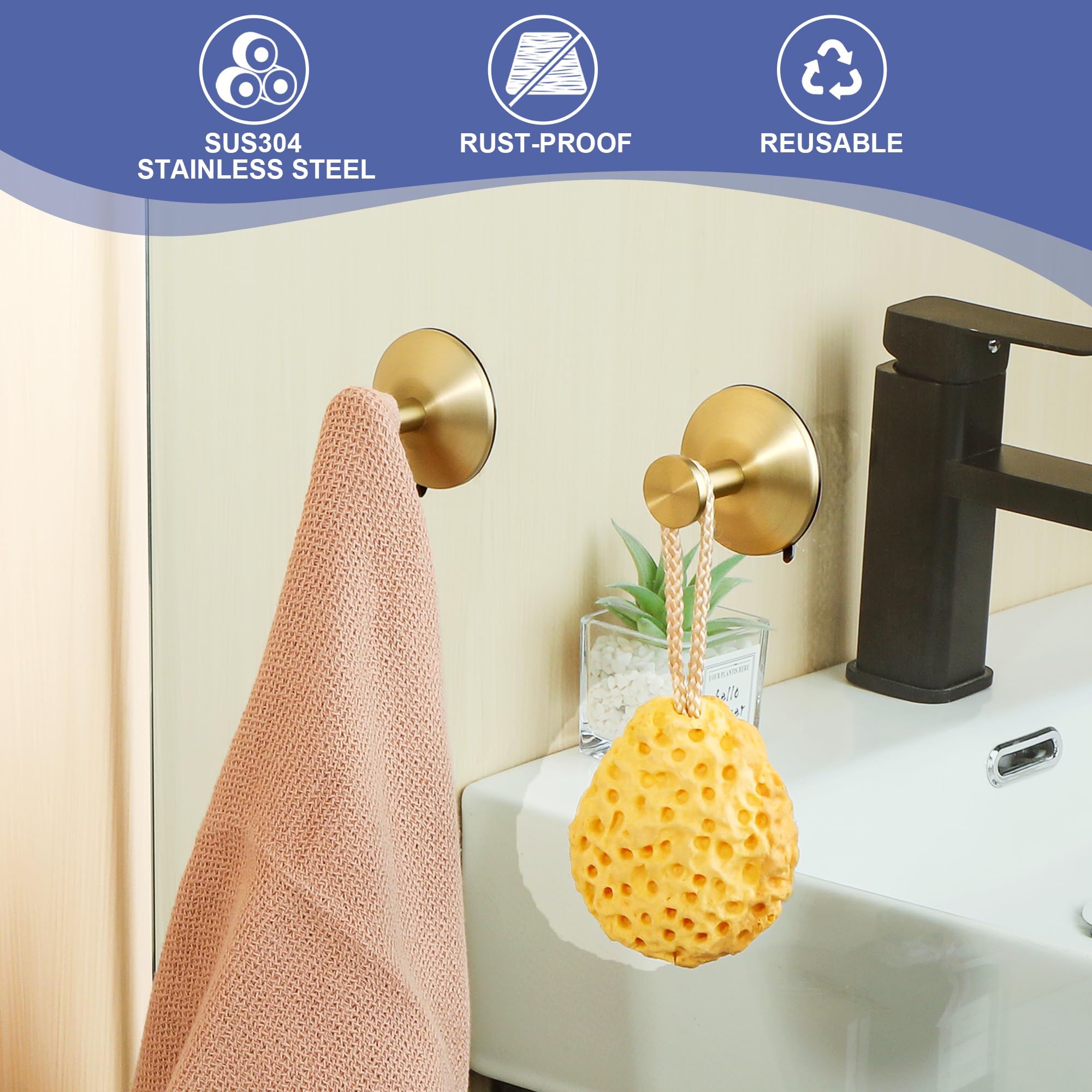 SAYAYO Suction Cup Hooks for Shower, Brushed Gold Suction Towel Hook for Glass Window, SUS 304 Stainless Steel Bathroom Hooks for Glass Door, Mirror, Tile, 2Pcs