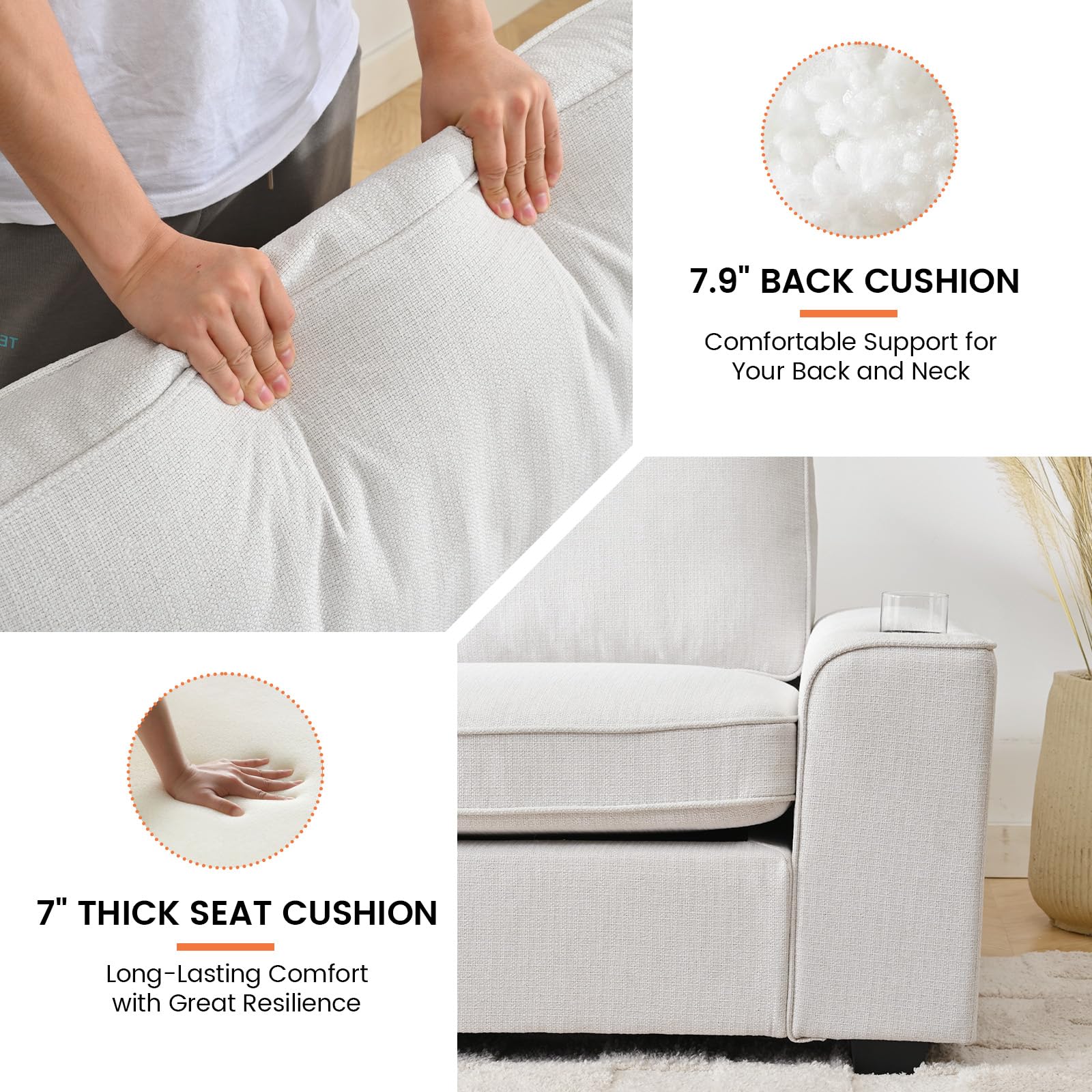 HALLYBEE 88.6" White Couch, Modern Sofa with USB Charging Ports Cup Holders, Loveseat Sofa with 2 Extra Deep Seat Removable Sofa Cushion, Comfy Couch for Living Room, Apartment Bedroom, Linen