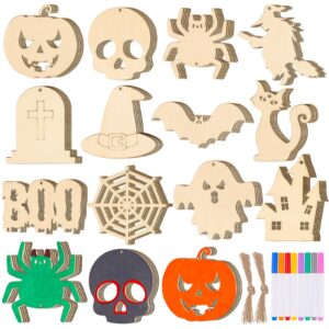 MGparty 60PCS Halloween Crafts for Kids DIY Wooden Slices Crafts Unfinished Predrilled Natural Wood for Kids Halloween Party Favors Halloween Hanging Decorations Gifts