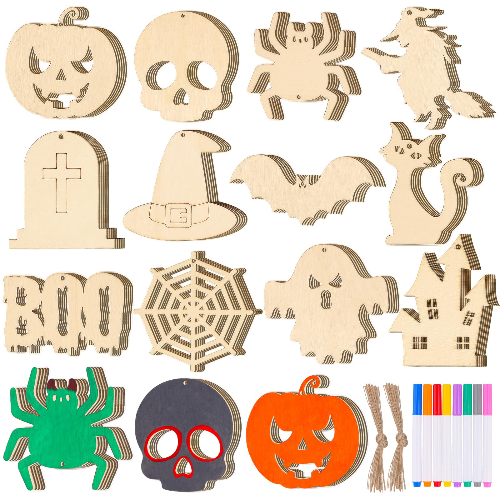 MGparty 60PCS Halloween Crafts for Kids DIY Wooden Slices Crafts Unfinished Predrilled Natural Wood for Kids Halloween Party Favors Halloween Hanging Decorations Gifts