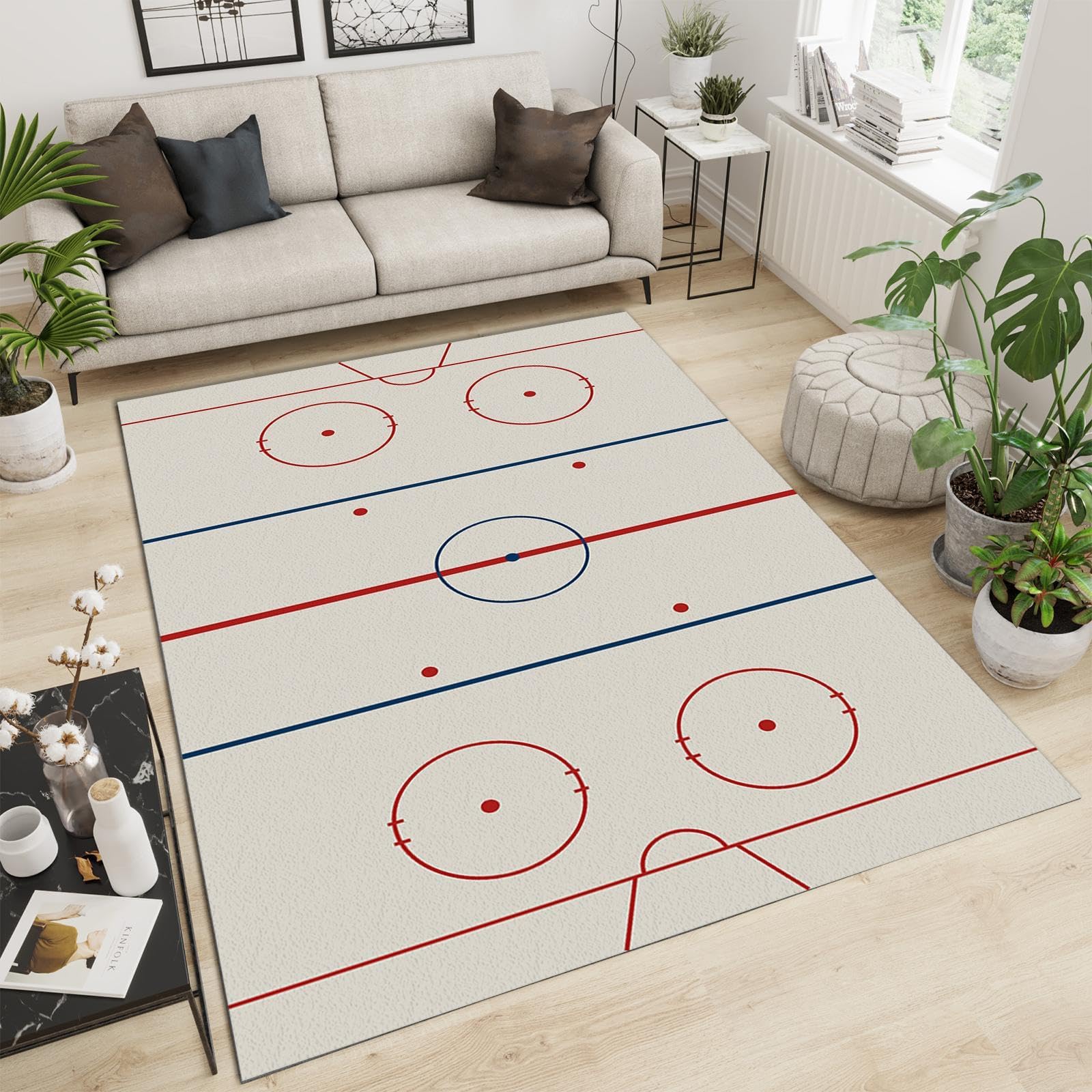 GIRTFU Fashion Ice Hockey Stadium Large Area Rugs 8x10 Simple Ice Hockey Rink Rugs for Living Room, Nursery Rug with Under Rug Non Slip Tape for Bedroom Kids Room