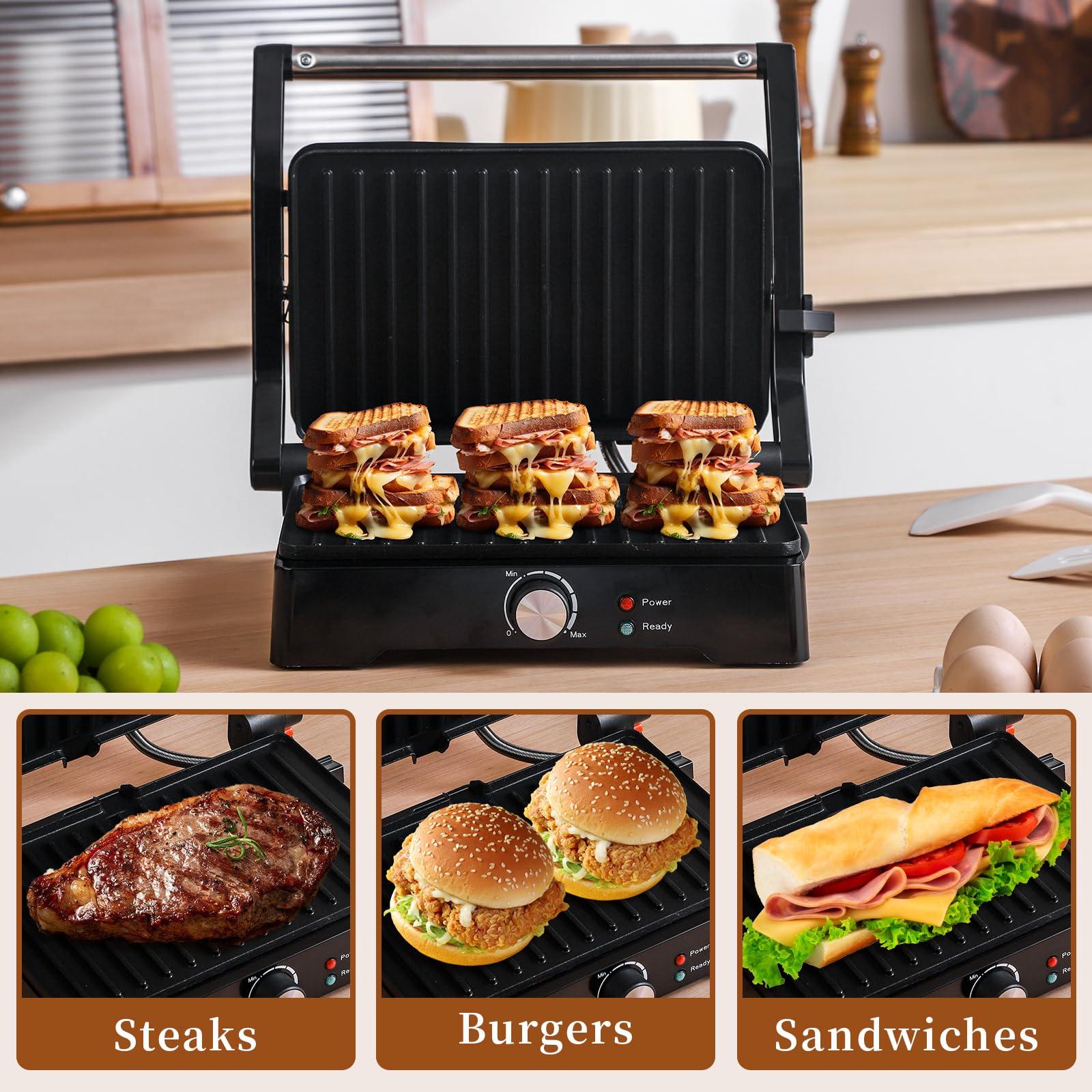 UVFAST Panini Press Grill Sandwich Maker, Large Electric 3 in 1 Panini Sandwich Maker Grill, Open 180 Degrees for Grill Indoor, Perfect for Grilling Steaks, Burger, Sandwich,Non-stick Pan, Black