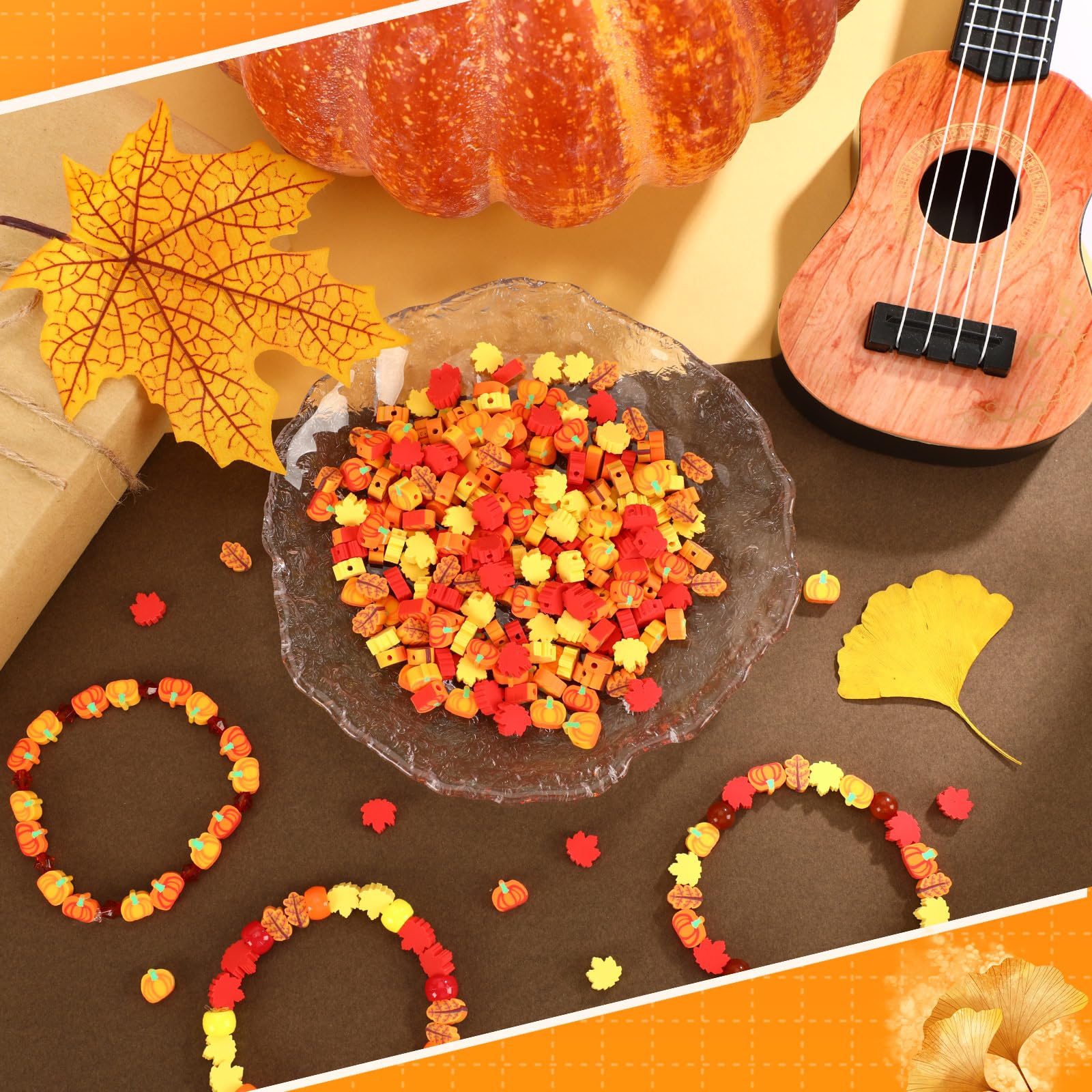 SEPGLITTER Fall Polymer Clay Beads, 300pcs Thanksgiving Fall Leaf Pumpkin Clay Beads for Jewelry Making Autumn DIY Bracelet Necklace Accessories Craft Party Supplies