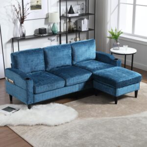 yimiyom 77" convertible sectional sofa, small l shaped sofa couch with storage ottoman, cup holder and magazine bags, chenille fabric 3 seat sofa for living room, apartment, bedroom, small space, blue