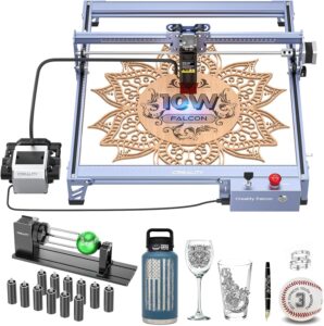 10w laser engraver with air assist, laser engraving machine with rotary roller, high precision laser cutter and engraver for wood, metal, acrylic, cylindrical objects, tumblers