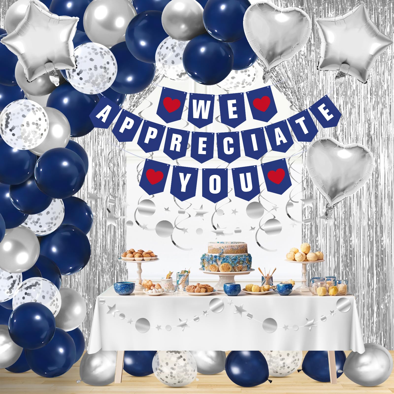 We Appreciate You Decorations Navy Blue Silver Thank You Banner Balloons Foil Fringe Curtains Backdrop Hanging Swirls Streamer Thanks Party for Employee Teacher Doctor Appreciation Party Gifts Decor