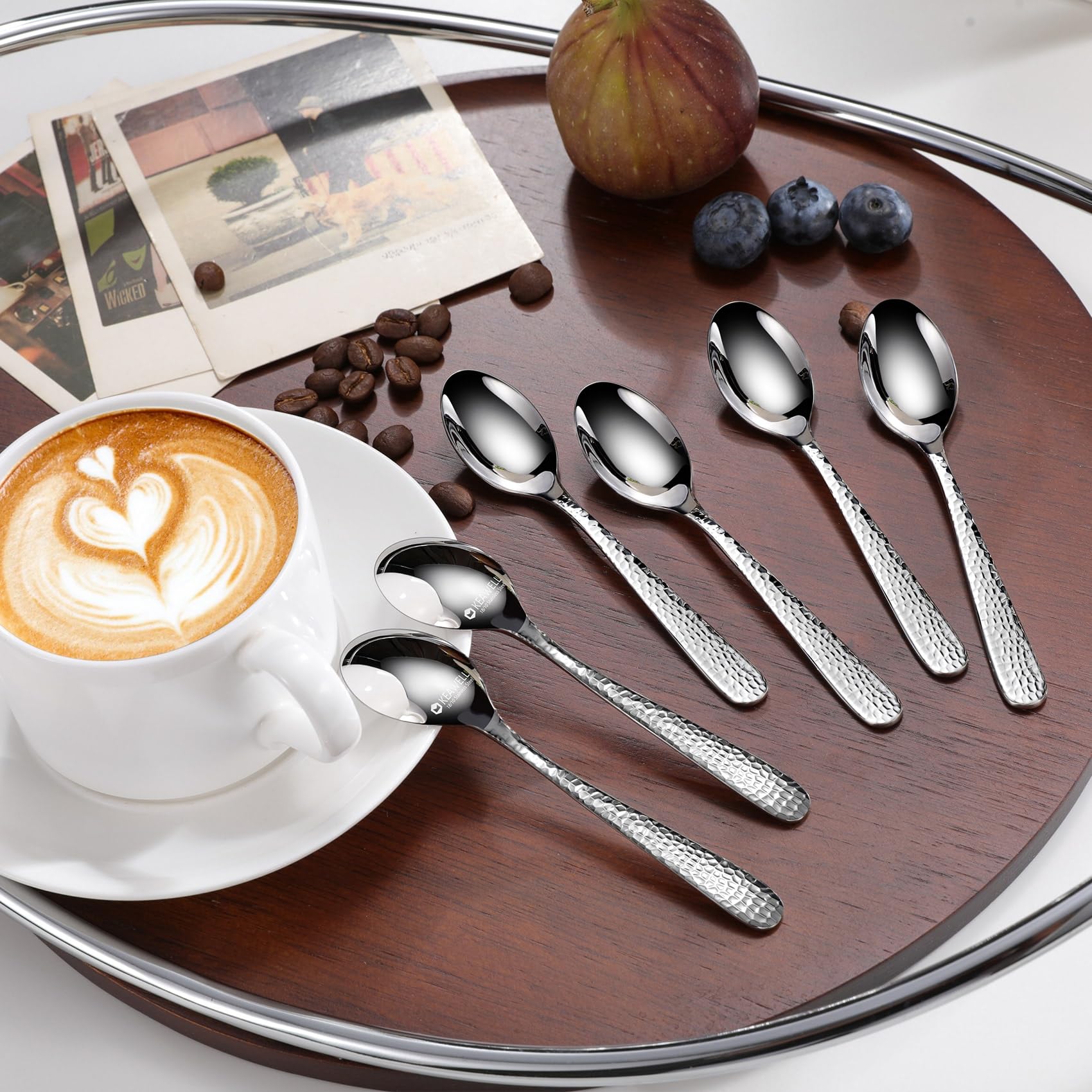 KEAWELL Premium Louise Hammered Demitasse Espresso Spoons: 6-Piece/12-Piece Set, 18/10 Stainless Steel, Mini Coffee Spoons, Small Spoon Set, Brightly-Mirror polished, Dishwasher Safe (6, 4.7 inches)