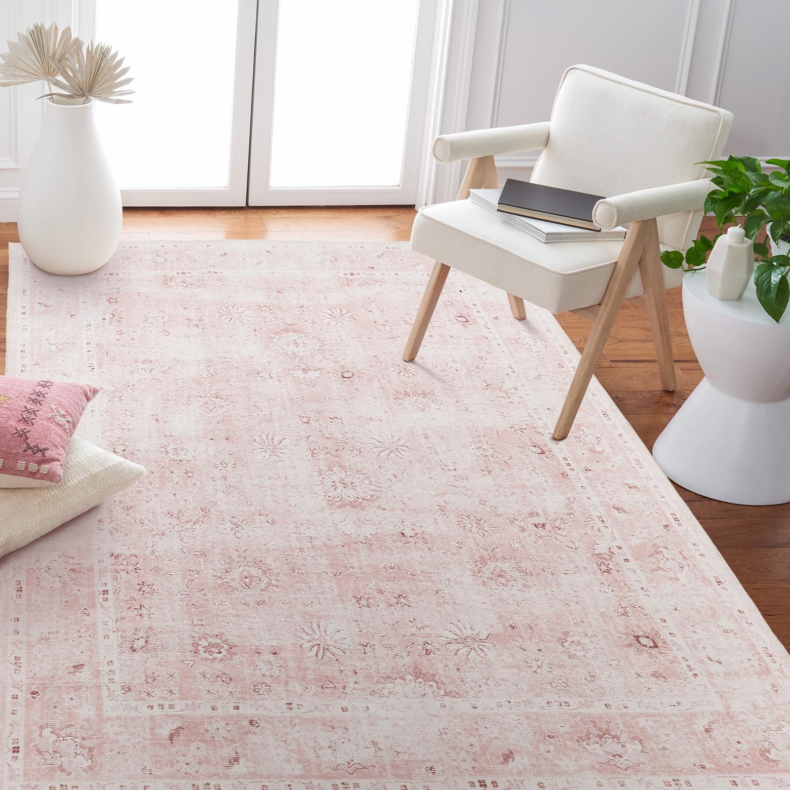 Light Pink Rug 5x7 for Living Room,Machine Washable Girls Room Rug for Nursery Bedroom,Blush Pink Super Soft Faux Wool Boho Floral Carpet 5 by 7