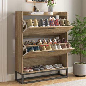 VERYKE Shoe Cabinet for Entryway,Slim Hidden Shoe Storage Cabinet with 2 Flip Hollowed Drawers, Wood Narrow Shoe Organizer Cabinet with Bottom Cubby and Metal Leg for Hallway,Closet