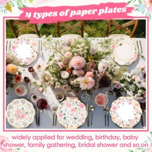 48 Pcs Floral Paper Plates 9 Inch Flower Disposable Party Plates Pink Floral Dinner Plates Wedding Gold Foil Edge Plate Tea Party Decoration for Bridal Shower Baby Shower Birthday