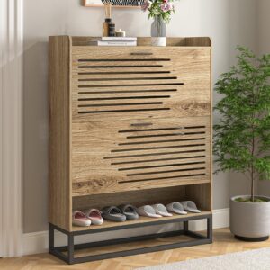 veryke shoe cabinet for entryway,slim hidden shoe storage cabinet with 2 flip hollowed drawers, wood narrow shoe organizer cabinet with bottom cubby and metal leg for hallway,closet