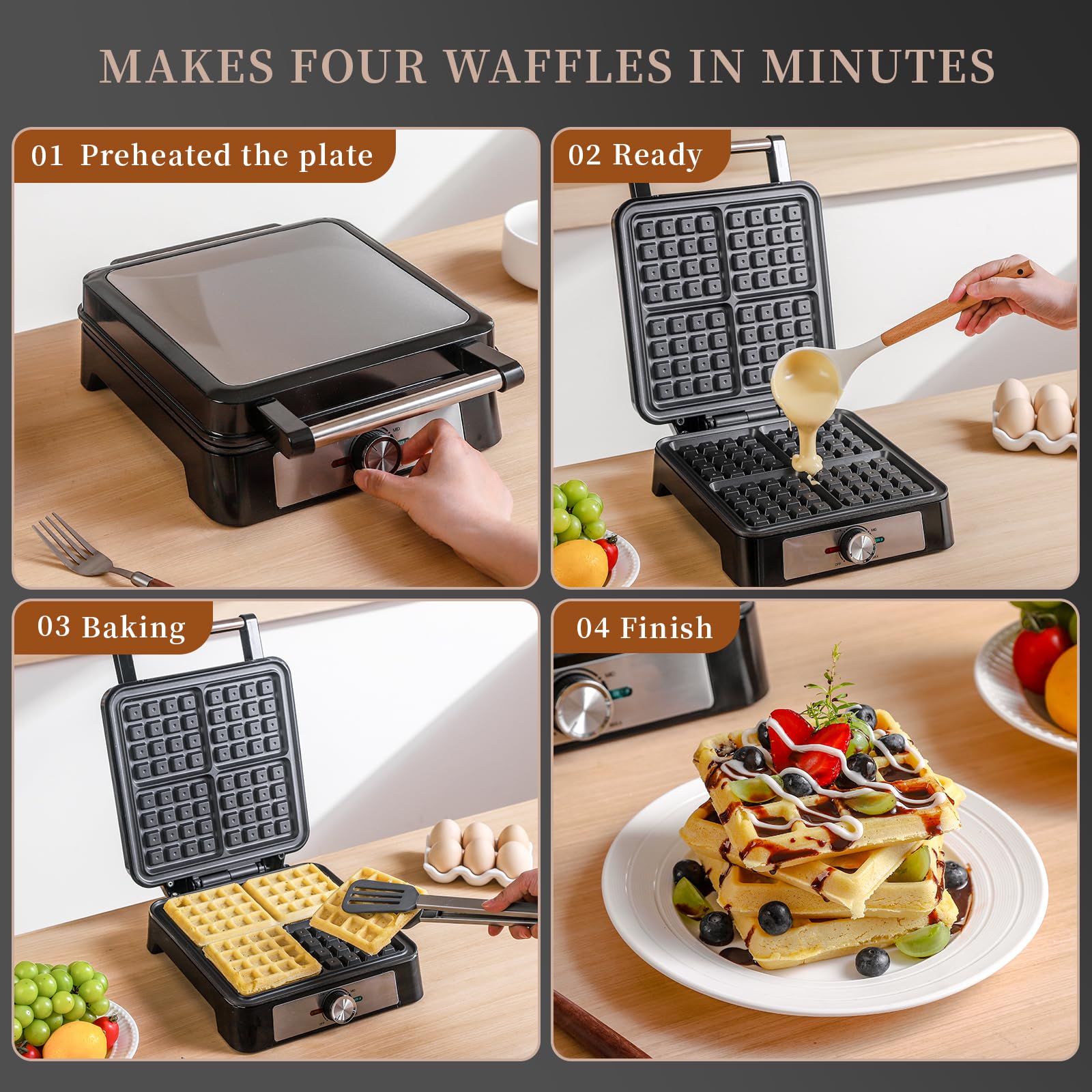 UVFAST Waffles Maker Waffle Iron, 4 Belgian Square Waffle Maker, Belgian Waffle Maker Thick Pancake Maker with Non-stick Plate, Breakfast Waffle Machine Make Waffle in Minutes, 3 Browning Level, 1600W