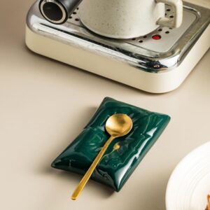 Cormomu Coffee Spoon Rest with Spoon, Ceramic Coffee Holder for Stirring Spoon, Teaspoon, Mini Porcelain Coffee Bar Accessories, Pillow Shape Small Spoon Rest, Green + Gold Spoon