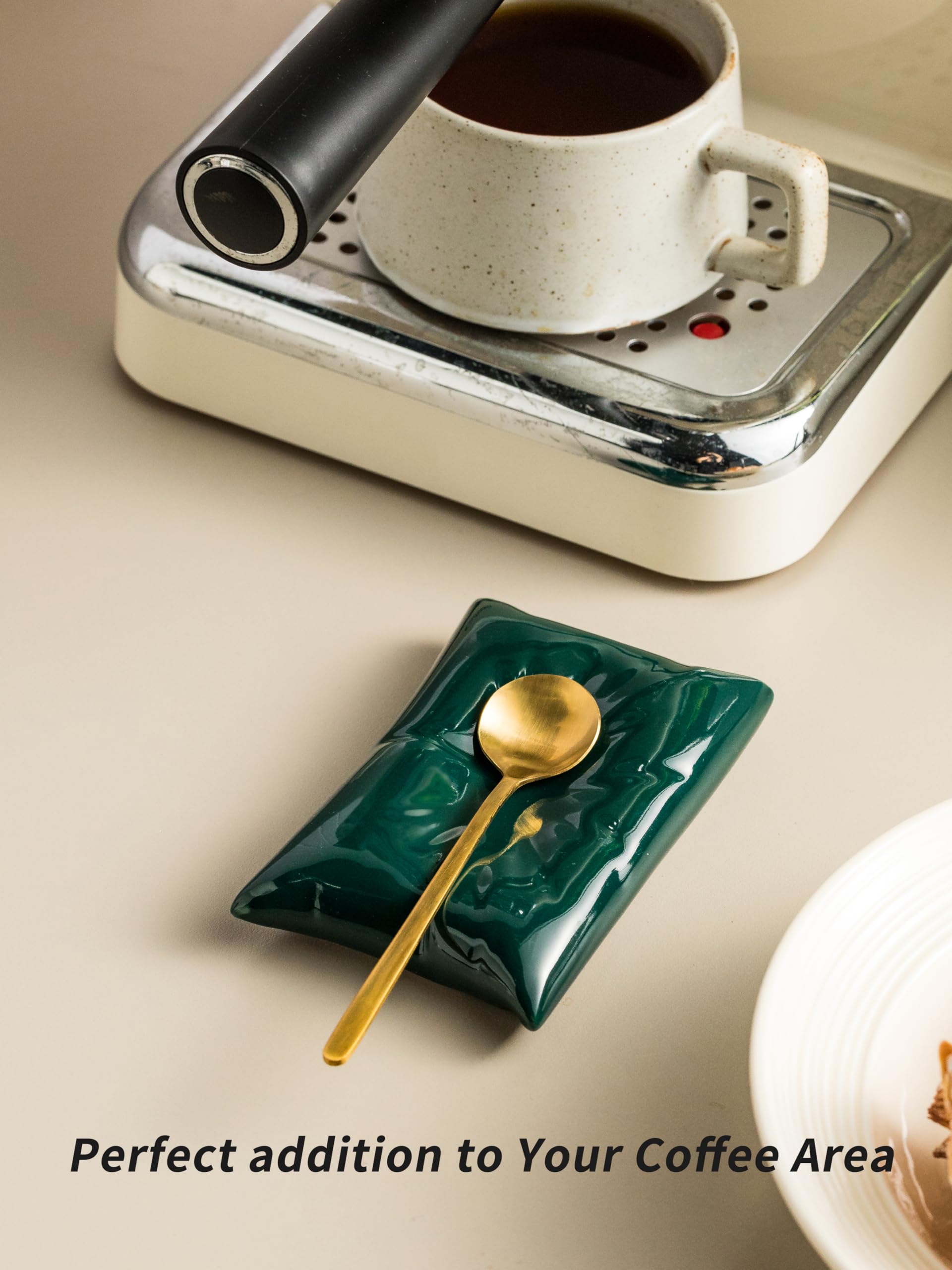 Cormomu Coffee Spoon Rest with Spoon, Ceramic Coffee Holder for Stirring Spoon, Teaspoon, Mini Porcelain Coffee Bar Accessories, Pillow Shape Small Spoon Rest, Green + Gold Spoon