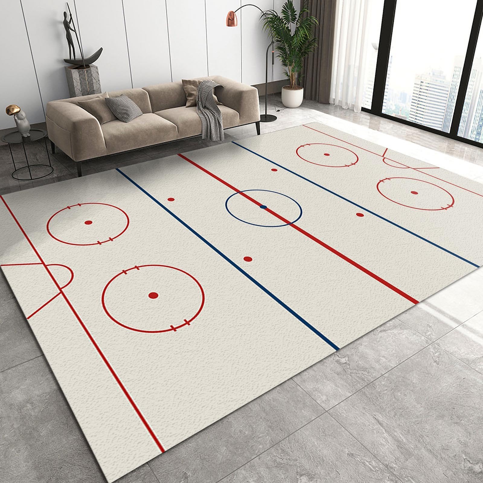 GIRTFU Fashion Ice Hockey Stadium Large Area Rugs 8x10 Simple Ice Hockey Rink Rugs for Living Room, Nursery Rug with Under Rug Non Slip Tape for Bedroom Kids Room