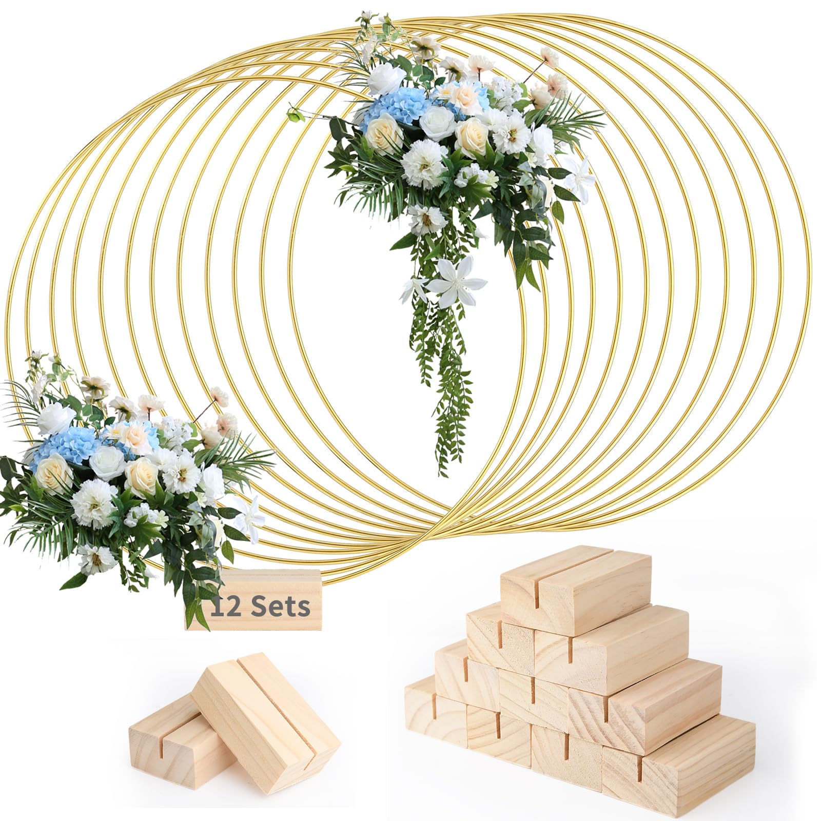 Hviiso 12 PCS 12 Inch Floral Hoop Centerpiece Table Decorations - Gold Wedding Party Centerpieces with Natural Wood Base, Metal Wreath Ring Stand for Balloon and Flower Decoration