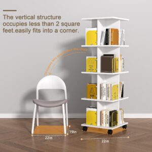 VECELO Rotating Bookshelf with Brake Wheels, 360°Display 4 Tier Floor Stackable Spinning-Bookshelf Tower for Kids&Adults, Revolving Bookcase for Small Space,Corner(White)