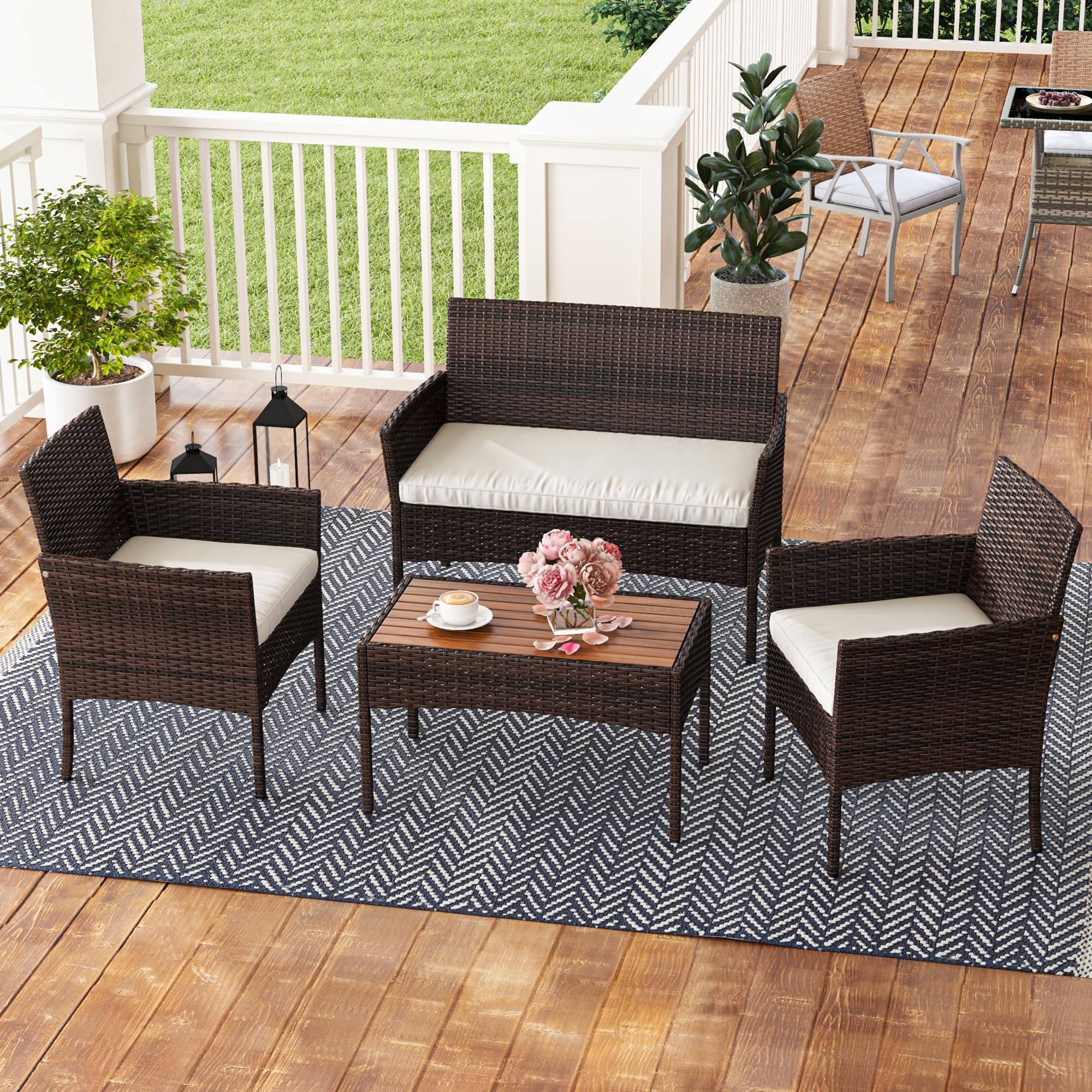 YITAHOME 4-Piece Patio Bistro Set, All-Weather Outdoor Patio Furniture Rattan Wicker Loveseat Conversation Set with Wooden Side Table and Soft Cushions, Brown+Beige