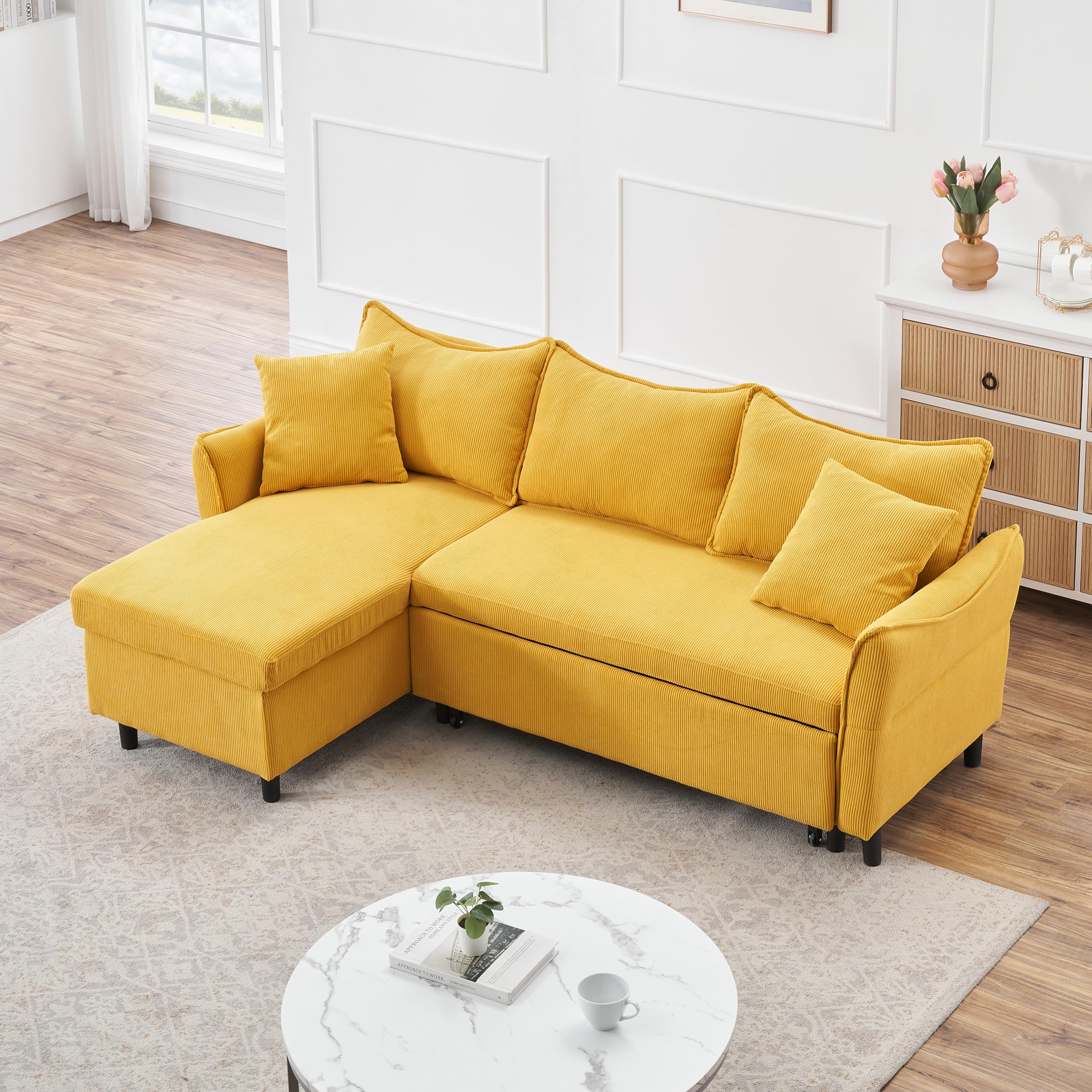 SmartEdge 80'' Convertible Sleeper Sectional Couch 3 Seater Reversible L Shaped Sleeper Sofa with Storage Chaise, Comfy Corduroy Upholstered Corner Sofa Couches for Living Room, Yellow