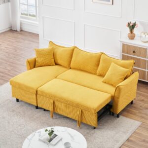 smartedge 80'' convertible sleeper sectional couch 3 seater reversible l shaped sleeper sofa with storage chaise, comfy corduroy upholstered corner sofa couches for living room, yellow