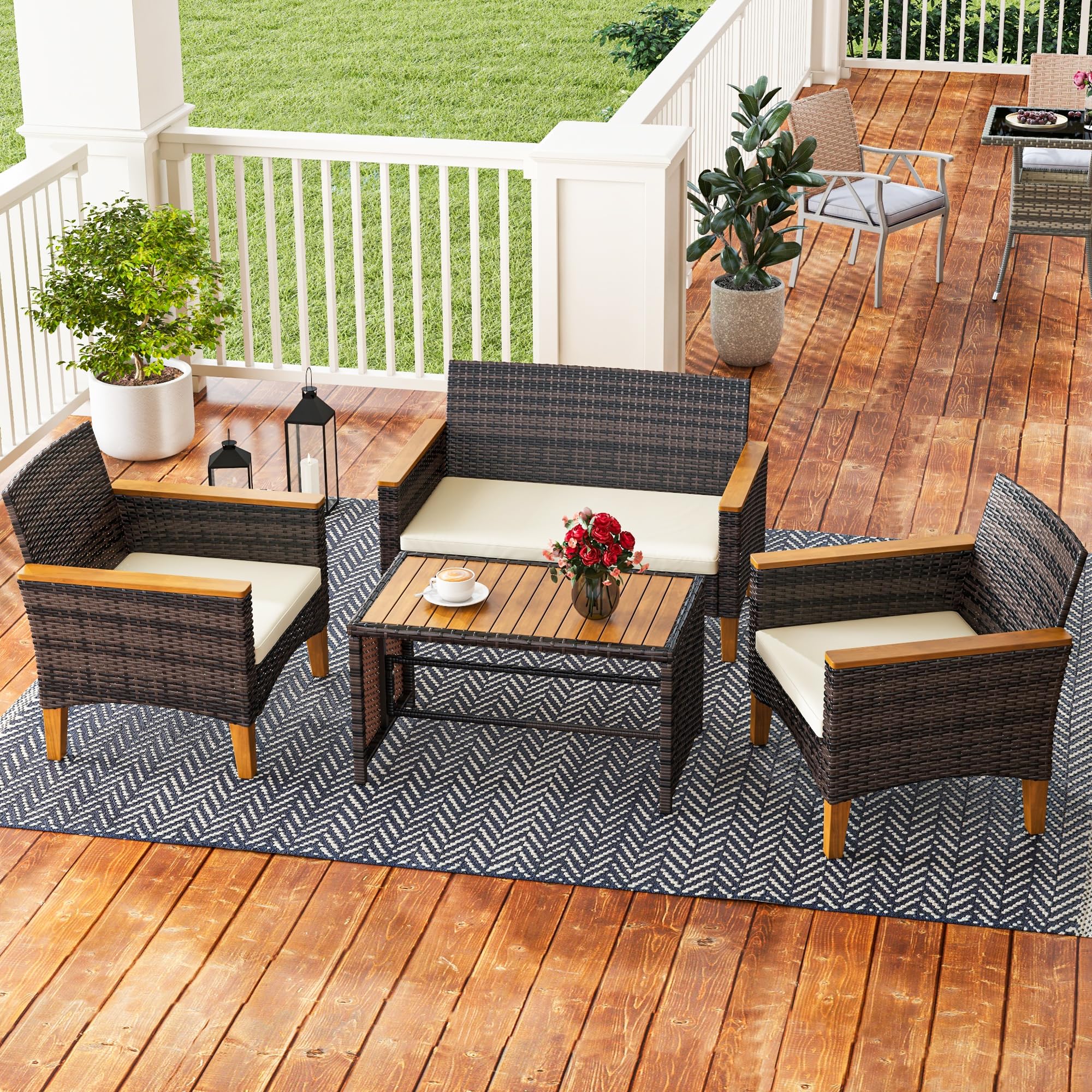 YITAHOME Wooden Armrest 4-Piece Patio Furniture Set, All-Weather Outdoor Furniture Rattan Wicker Conversation Set with Wooden Side Table, Wooden Armrests &Feet and Soft Cushions, Brown+Beige