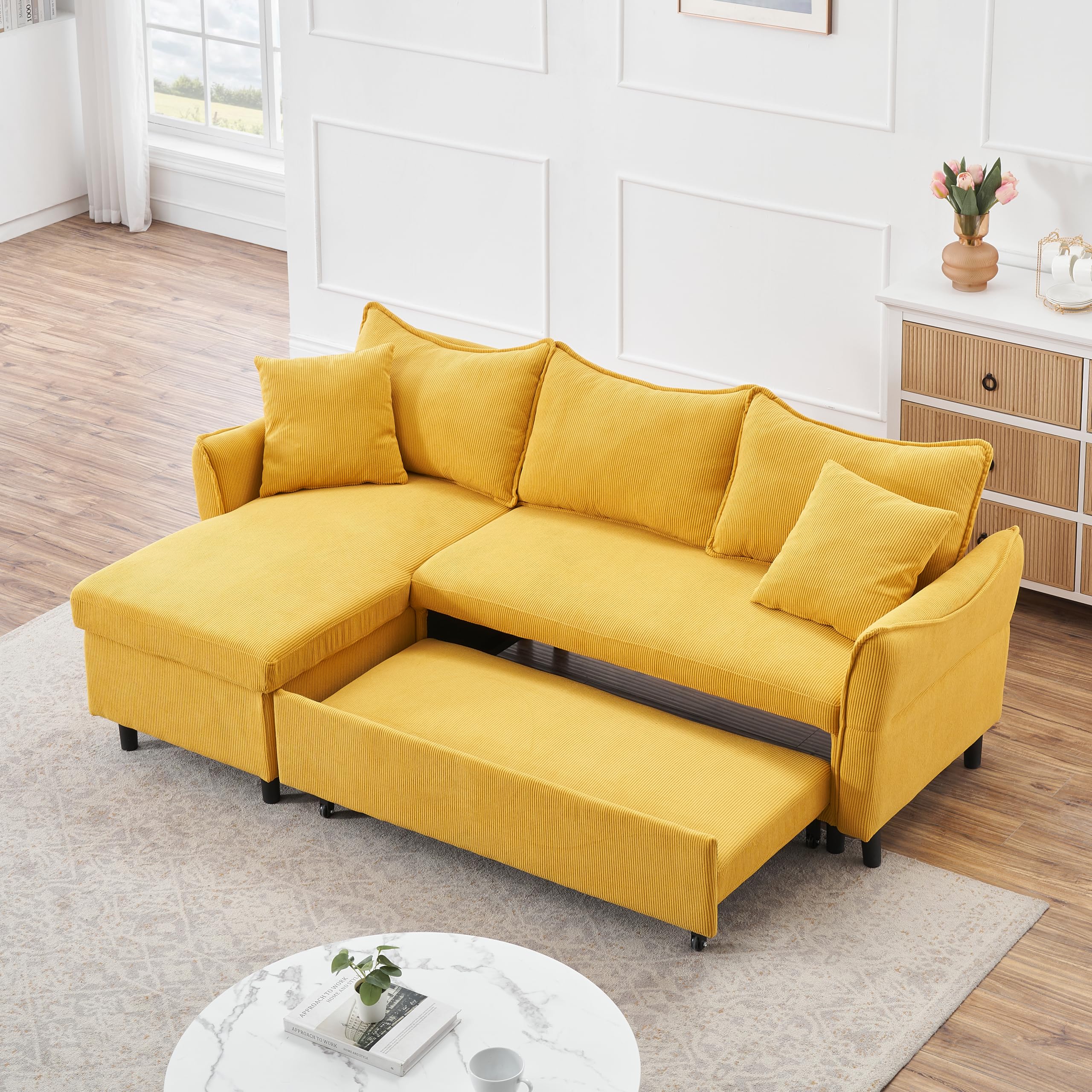 SmartEdge 80'' Convertible Sleeper Sectional Couch 3 Seater Reversible L Shaped Sleeper Sofa with Storage Chaise, Comfy Corduroy Upholstered Corner Sofa Couches for Living Room, Yellow