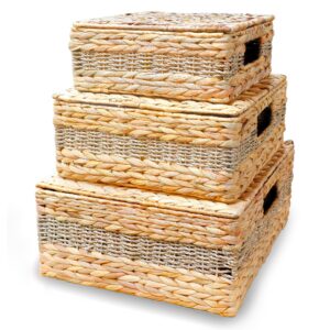 wicker storage baskets with lids - set of 3 rectangular water hyacinth boxes, natural decor organizer, basket with top, multi-use for home and shelf, hyacinth decorative boxes for effective storage