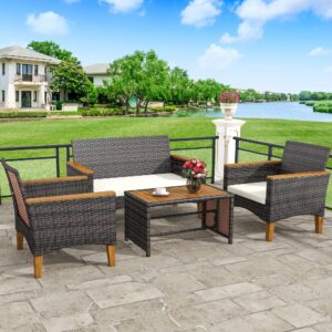 YITAHOME Wooden Armrest 4-Piece Patio Furniture Set, All-Weather Outdoor Furniture Rattan Wicker Conversation Set with Wooden Side Table, Wooden Armrests &Feet and Soft Cushions, Brown+Beige