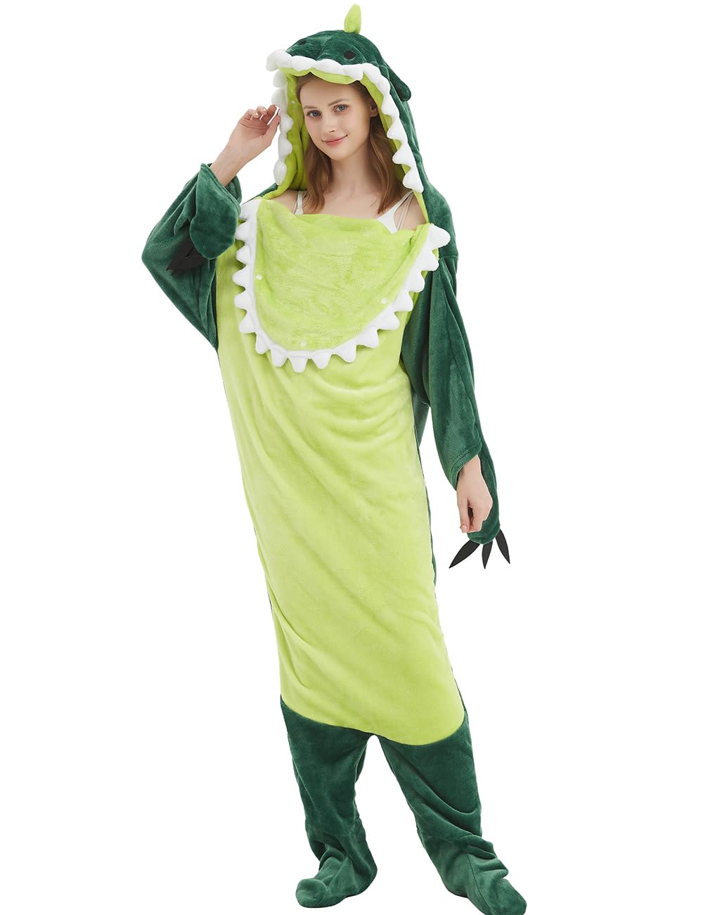 NAFLEAP Wearable Blanket Hoodie Women Dinosaur Onesie Adult Costume Sleep Bag Gifts for Girls, Dinosaur Green,XL