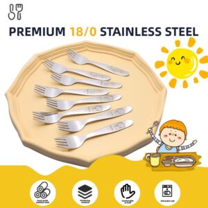 FUNNUO 8 Piece Stainless Steel Toddler Forks Set, Safe Kid Forks with Round Tides, Cartoon Children Forks for Self-feeding, Dishwasher Safe